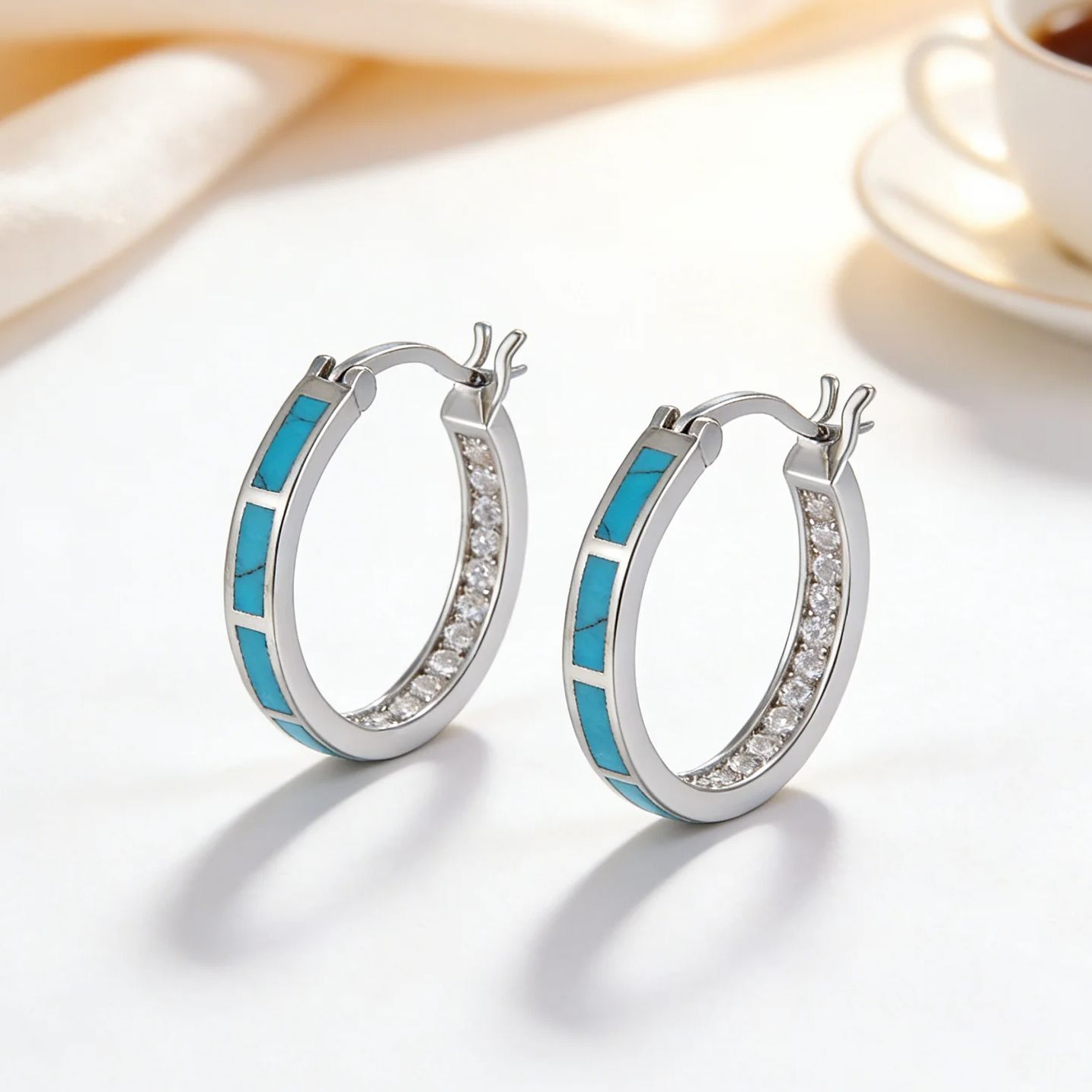 Turquoise Stone Ring - Гипоаллергенные серьги-кольца с бирюзой и цирконием